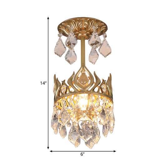 Raindrop Restaurant Pendulum Light Cut Crystal 1 Bulb Modern Pendant Lamp with Crown Design in Gold Clearhalo 'Ceiling Lights' 'Modern Pendants' 'Modern' 'Pendant Lights' 'Pendants' Lighting' 1724695