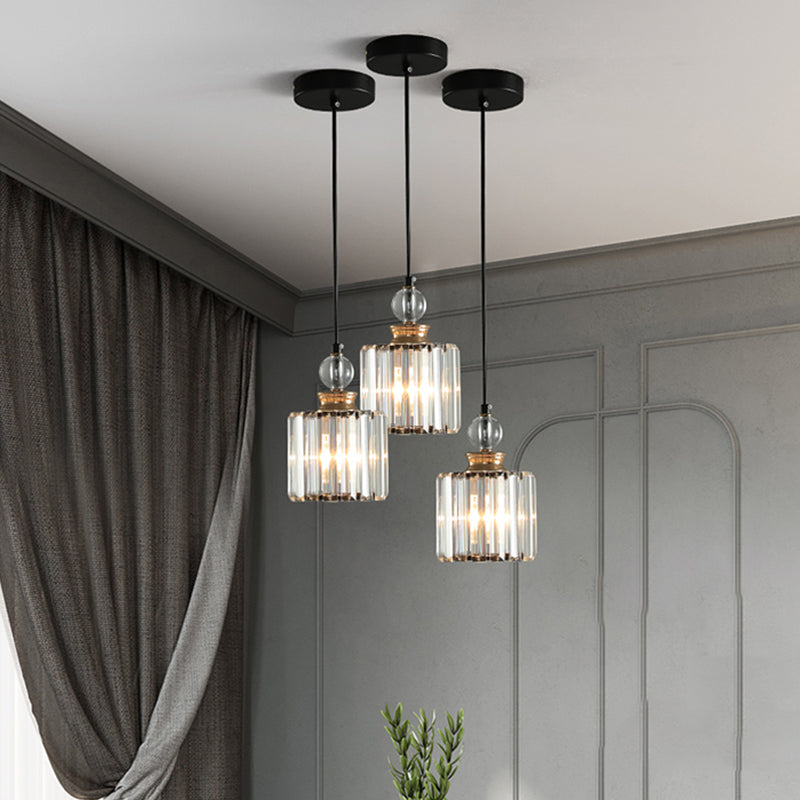 Simple 1/3-Head Ceiling Pendant Black Cylinder Hanging Lamp Kit with Crystal Prisms Shade 1 Black Clearhalo 'Ceiling Lights' 'Glass shade' 'Glass' 'Modern Pendants' 'Modern' 'Pendant Lights' 'Pendants' Lighting' 1724704