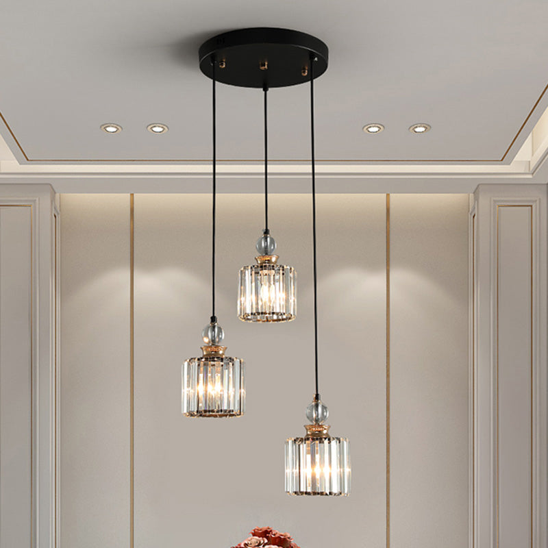 Simple 1/3-Head Ceiling Pendant Black Cylinder Hanging Lamp Kit with Crystal Prisms Shade 3 Black Clearhalo 'Ceiling Lights' 'Glass shade' 'Glass' 'Modern Pendants' 'Modern' 'Pendant Lights' 'Pendants' Lighting' 1724708