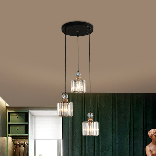 Simple 1/3-Head Ceiling Pendant Black Cylinder Hanging Lamp Kit with Crystal Prisms Shade Clearhalo 'Ceiling Lights' 'Glass shade' 'Glass' 'Modern Pendants' 'Modern' 'Pendant Lights' 'Pendants' Lighting' 1724709