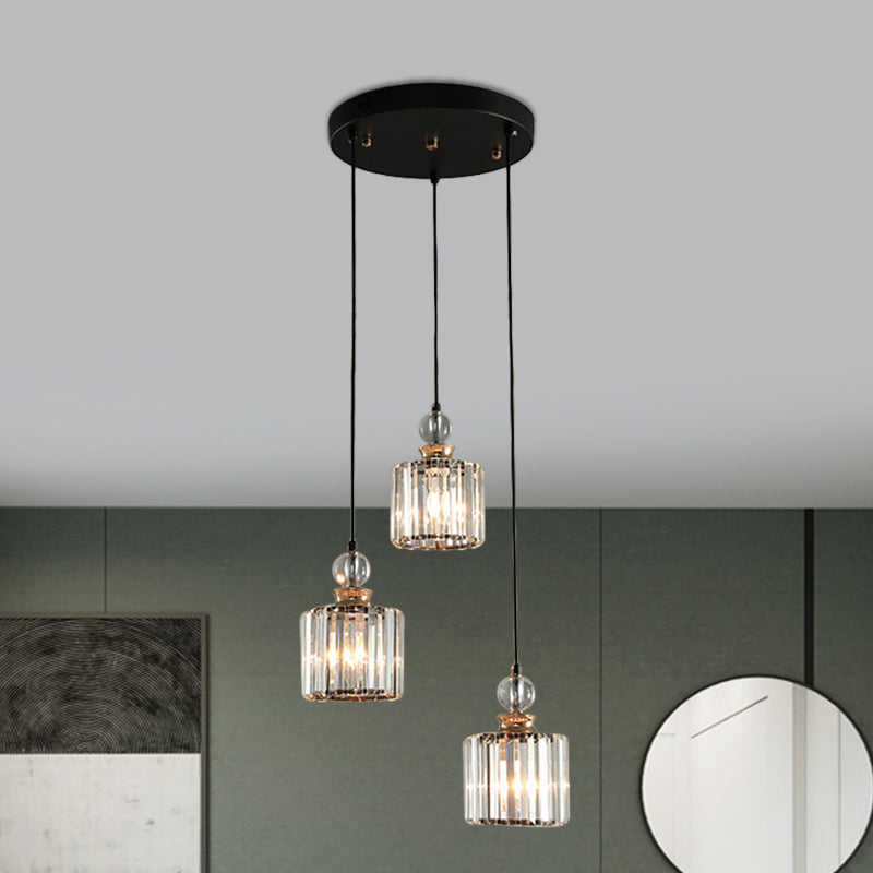 Simple 1/3-Head Ceiling Pendant Black Cylinder Hanging Lamp Kit with Crystal Prisms Shade Clearhalo 'Ceiling Lights' 'Glass shade' 'Glass' 'Modern Pendants' 'Modern' 'Pendant Lights' 'Pendants' Lighting' 1724710