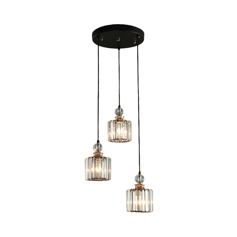 Simple 1/3-Head Ceiling Pendant Black Cylinder Hanging Lamp Kit with Crystal Prisms Shade Clearhalo 'Ceiling Lights' 'Glass shade' 'Glass' 'Modern Pendants' 'Modern' 'Pendant Lights' 'Pendants' Lighting' 1724711