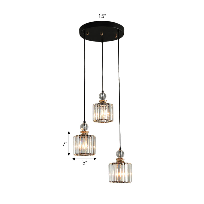 Simple 1/3-Head Ceiling Pendant Black Cylinder Hanging Lamp Kit with Crystal Prisms Shade Clearhalo 'Ceiling Lights' 'Glass shade' 'Glass' 'Modern Pendants' 'Modern' 'Pendant Lights' 'Pendants' Lighting' 1724712