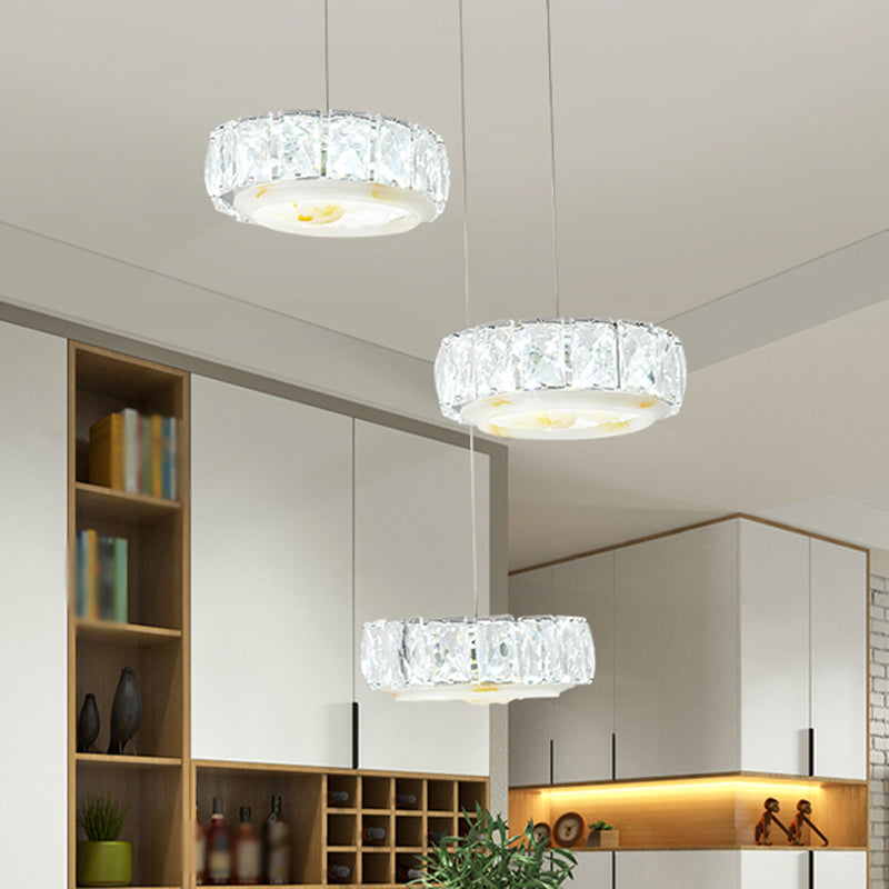 Faceted Crystal Circle Hanging Lamp Kit Modern LED Multi Pendant with Jade Flower Design in Chrome, Warm/White Light Chrome Clearhalo 'Ceiling Lights' 'Glass shade' 'Glass' 'Modern Pendants' 'Modern' 'Pendant Lights' 'Pendants' Lighting' 1724713