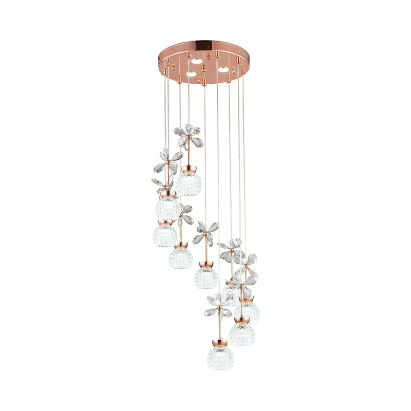 Modernist Spiral Multi Pendant Lattice Glass 9 Bulbs Staircase Ceiling Lamp in Gold, Warm/White Light Clearhalo 'Ceiling Lights' 'Modern Pendants' 'Modern' 'Pendant Lights' 'Pendants' Lighting' 1724718