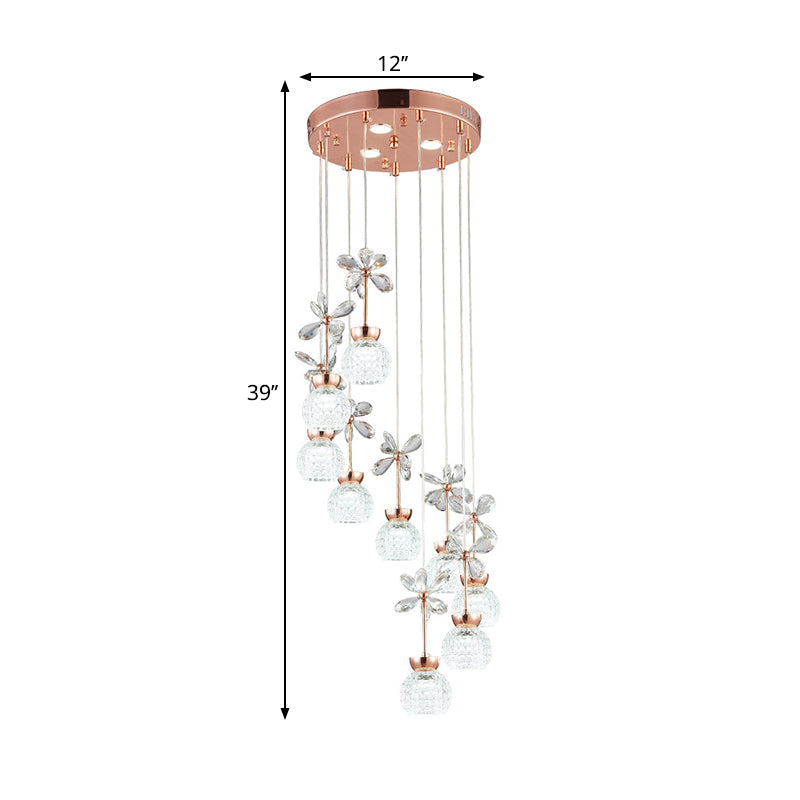 Modernist Spiral Multi Pendant Lattice Glass 9 Bulbs Staircase Ceiling Lamp in Gold, Warm/White Light Clearhalo 'Ceiling Lights' 'Modern Pendants' 'Modern' 'Pendant Lights' 'Pendants' Lighting' 1724720