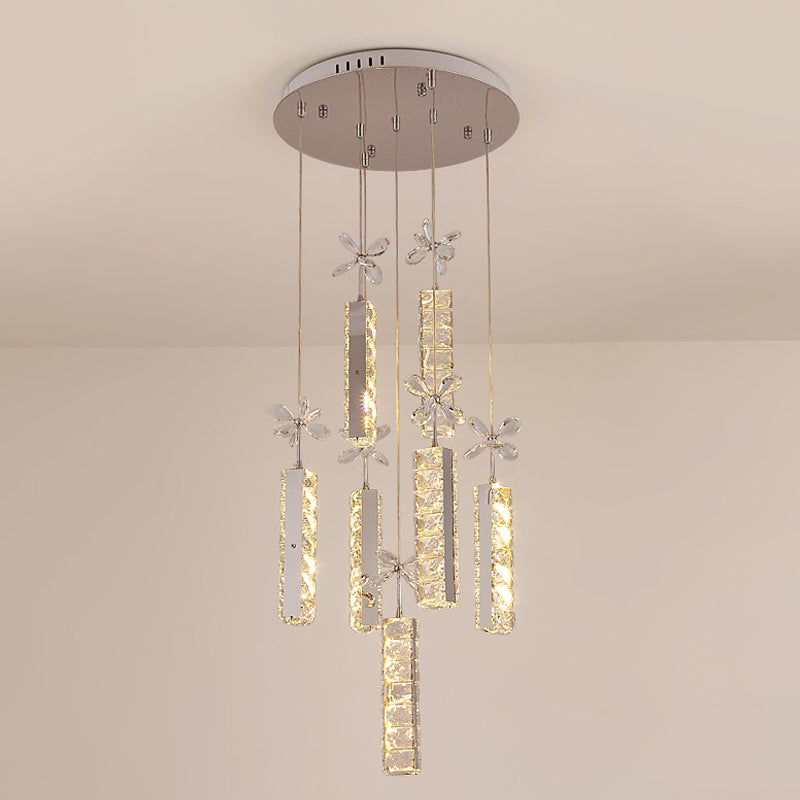 Cut Crystal Linear and Flower Drop Lamp Modern LED Multi Pendant Light with Round/Linear Canopy in Chrome Clearhalo 'Ceiling Lights' 'Modern Pendants' 'Modern' 'Pendant Lights' 'Pendants' Lighting' 1724726