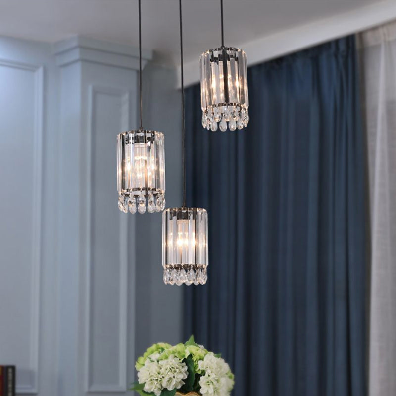 Crystal Prisms Cylinder Down Lighting Minimalist 3 Heads 18"/27" Wide Black Multi Pendant Light Black Clearhalo 'Ceiling Lights' 'Modern Pendants' 'Modern' 'Pendant Lights' 'Pendants' Lighting' 1724734