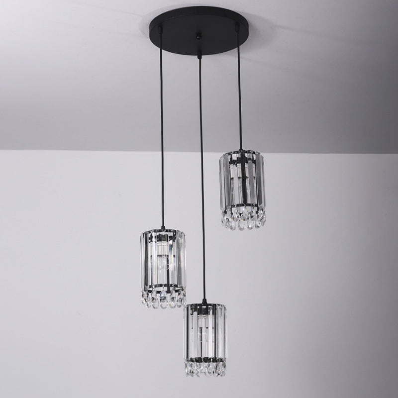 Crystal Prisms Cylinder Down Lighting Minimalist 3 Heads 18"/27" Wide Black Multi Pendant Light Clearhalo 'Ceiling Lights' 'Modern Pendants' 'Modern' 'Pendant Lights' 'Pendants' Lighting' 1724735