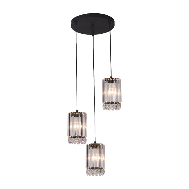 Crystal Prisms Cylinder Down Lighting Minimalist 3 Heads 18"/27" Wide Black Multi Pendant Light Clearhalo 'Ceiling Lights' 'Modern Pendants' 'Modern' 'Pendant Lights' 'Pendants' Lighting' 1724736