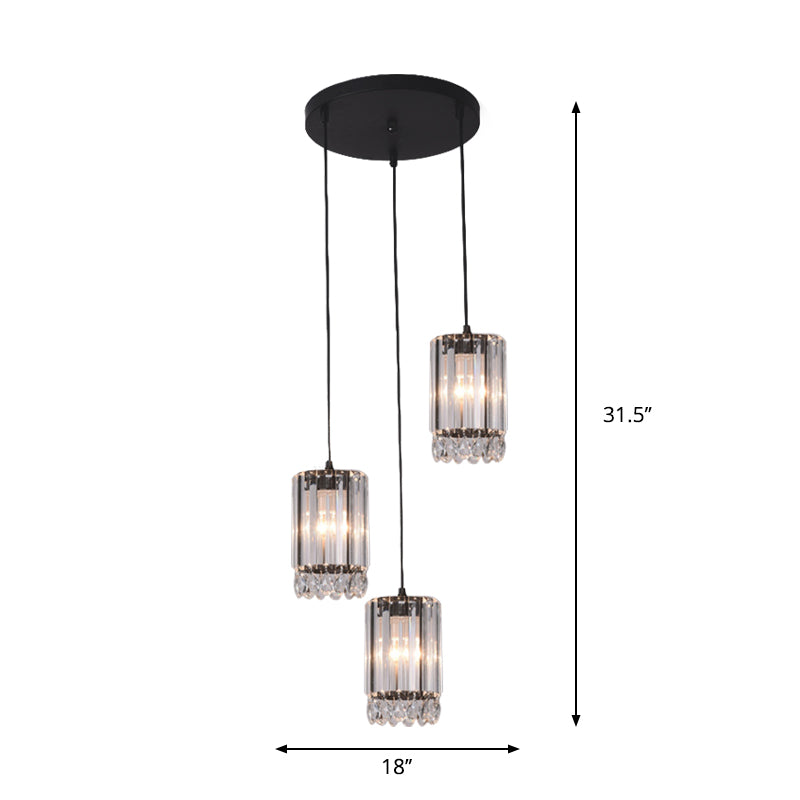 Crystal Prisms Cylinder Down Lighting Minimalist 3 Heads 18"/27" Wide Black Multi Pendant Light Clearhalo 'Ceiling Lights' 'Modern Pendants' 'Modern' 'Pendant Lights' 'Pendants' Lighting' 1724737