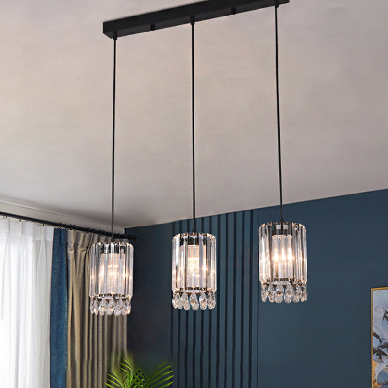 Crystal Prisms Cylinder Down Lighting Minimalist 3 Heads 18"/27" Wide Black Multi Pendant Light Clearhalo 'Ceiling Lights' 'Modern Pendants' 'Modern' 'Pendant Lights' 'Pendants' Lighting' 1724738