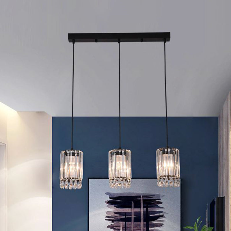 Crystal Prisms Cylinder Down Lighting Minimalist 3 Heads 18"/27" Wide Black Multi Pendant Light Clearhalo 'Ceiling Lights' 'Modern Pendants' 'Modern' 'Pendant Lights' 'Pendants' Lighting' 1724739