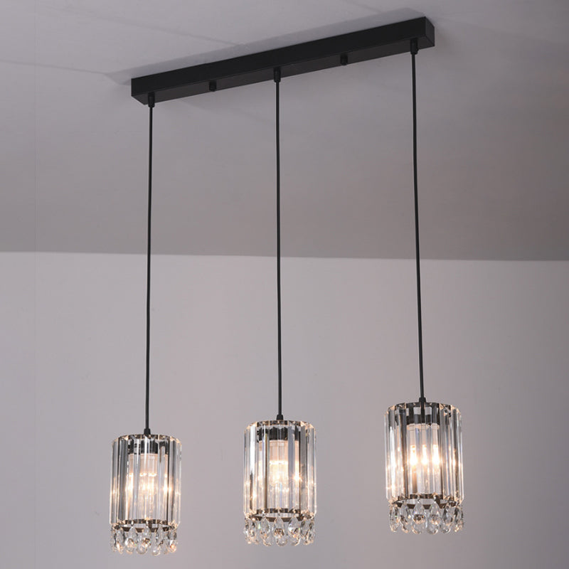 Crystal Prisms Cylinder Down Lighting Minimalist 3 Heads 18"/27" Wide Black Multi Pendant Light Clearhalo 'Ceiling Lights' 'Modern Pendants' 'Modern' 'Pendant Lights' 'Pendants' Lighting' 1724740