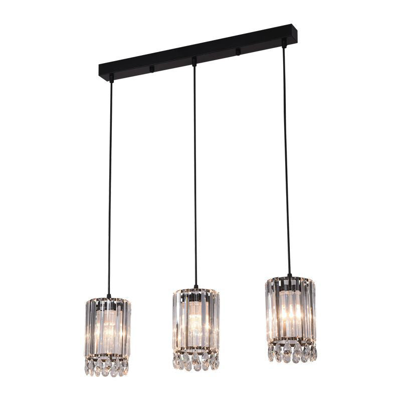 Crystal Prisms Cylinder Down Lighting Minimalist 3 Heads 18"/27" Wide Black Multi Pendant Light Clearhalo 'Ceiling Lights' 'Modern Pendants' 'Modern' 'Pendant Lights' 'Pendants' Lighting' 1724741