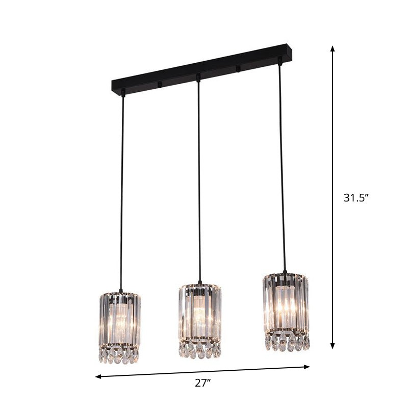 Crystal Prisms Cylinder Down Lighting Minimalist 3 Heads 18"/27" Wide Black Multi Pendant Light Clearhalo 'Ceiling Lights' 'Modern Pendants' 'Modern' 'Pendant Lights' 'Pendants' Lighting' 1724742