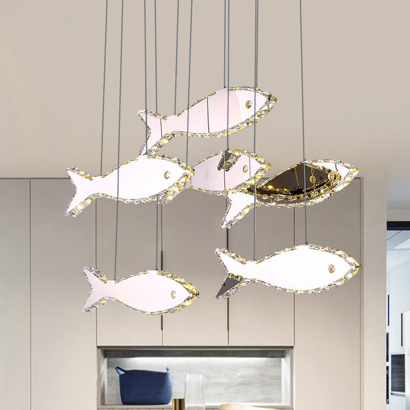 Fish Multi Pendant Simple Faceted Crystal 3/6 Heads Bedroom Hanging Lamp Kit in Stainless-Steel, Warm/White Light 6 Stainless-Steel Clearhalo 'Ceiling Lights' 'Modern Pendants' 'Modern' 'Pendant Lights' 'Pendants' Lighting' 1724755