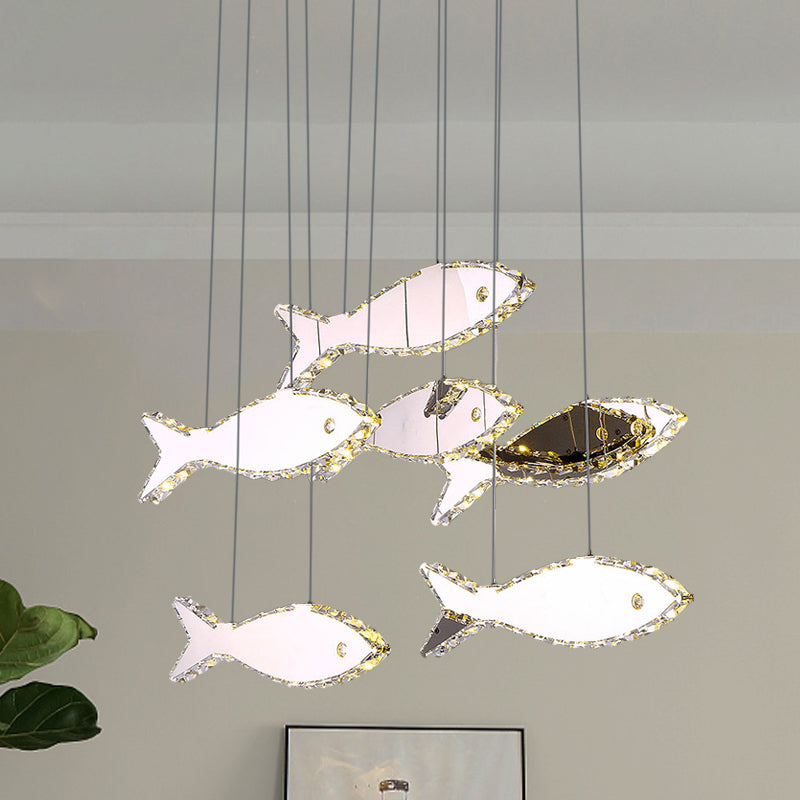 Fish Multi Pendant Simple Faceted Crystal 3/6 Heads Bedroom Hanging Lamp Kit in Stainless-Steel, Warm/White Light Clearhalo 'Ceiling Lights' 'Modern Pendants' 'Modern' 'Pendant Lights' 'Pendants' Lighting' 1724756