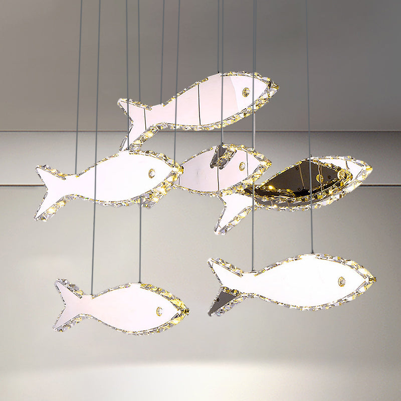 Fish Multi Pendant Simple Faceted Crystal 3/6 Heads Bedroom Hanging Lamp Kit in Stainless-Steel, Warm/White Light Clearhalo 'Ceiling Lights' 'Modern Pendants' 'Modern' 'Pendant Lights' 'Pendants' Lighting' 1724757