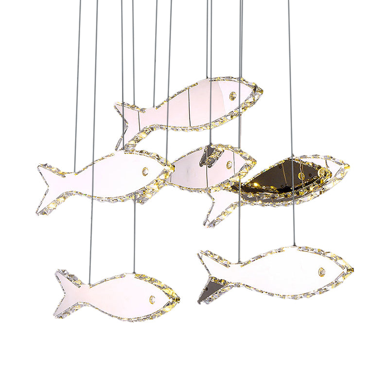 Fish Multi Pendant Simple Faceted Crystal 3/6 Heads Bedroom Hanging Lamp Kit in Stainless-Steel, Warm/White Light Clearhalo 'Ceiling Lights' 'Modern Pendants' 'Modern' 'Pendant Lights' 'Pendants' Lighting' 1724758