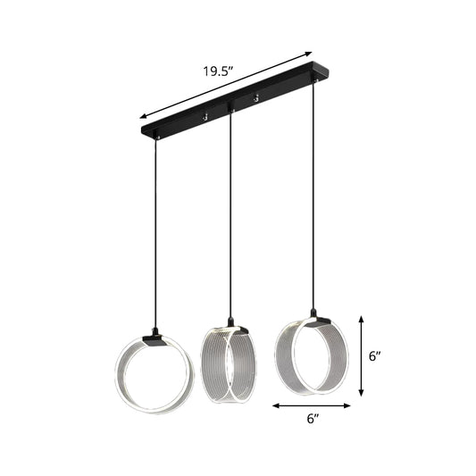 Acrylic Circle Suspension Lighting Retro Style 3 Bulbs Black Multi Pendant Light with Linear Canopy Clearhalo 'Ceiling Lights' 'Modern Pendants' 'Modern' 'Pendant Lights' 'Pendants' Lighting' 1724779