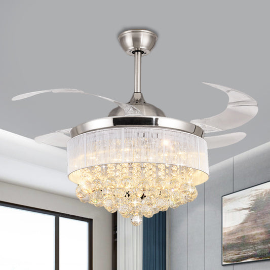 Modern Cascading Semi Flush Light Crystal Ball Living Room LED Pendant Fan Lamp in Chrome with 4-Blade, 19" Wide Chrome Clearhalo 'Ceiling Fans with Lights' 'Ceiling Fans' 'Modern Ceiling Fans' 'Modern' Lighting' 1724854