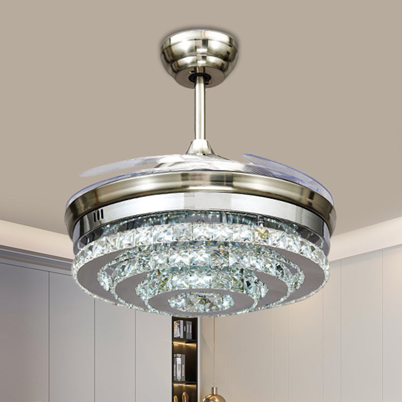 Tiered Round Crystal Block Semi Flush Modernism LED Chrome Pendant Fan Light Fixture, 19" Width Chrome Clearhalo 'Ceiling Fans with Lights' 'Ceiling Fans' 'Modern Ceiling Fans' 'Modern' Lighting' 1724874