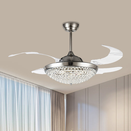 19" W Domed Semi Flush Mount Lamp Minimalist Crystal Encrusted LED Nickel Ceiling Fan Light, 4 Blades Nickel Clearhalo 'Ceiling Fans with Lights' 'Ceiling Fans' 'Modern Ceiling Fans' 'Modern' Lighting' 1724887