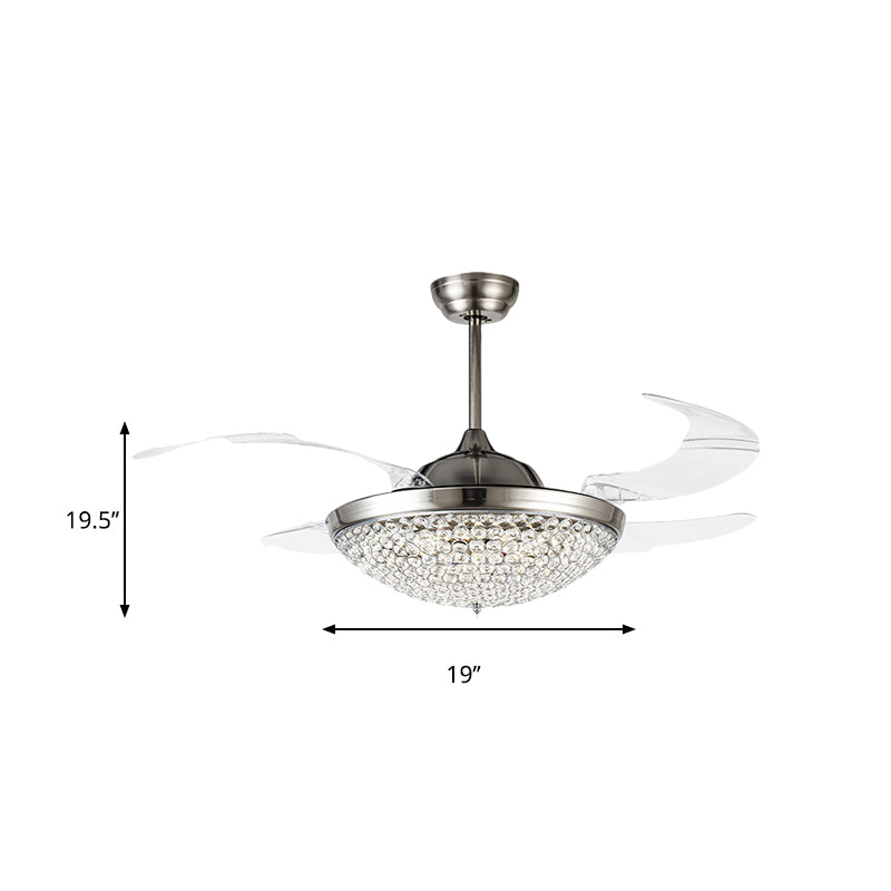 19" W Domed Semi Flush Mount Lamp Minimalist Crystal Encrusted LED Nickel Ceiling Fan Light, 4 Blades Clearhalo 'Ceiling Fans with Lights' 'Ceiling Fans' 'Modern Ceiling Fans' 'Modern' Lighting' 1724890