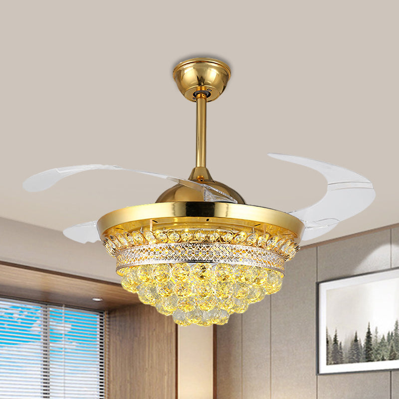 4 Blades Simple Conic Pendant Fan Lamp Crystal Ball LED Parlor Semi Flush Light Fixture in Gold, 19" Width Gold Clearhalo 'Ceiling Fans with Lights' 'Ceiling Fans' 'Modern Ceiling Fans' 'Modern' Lighting' 1724899