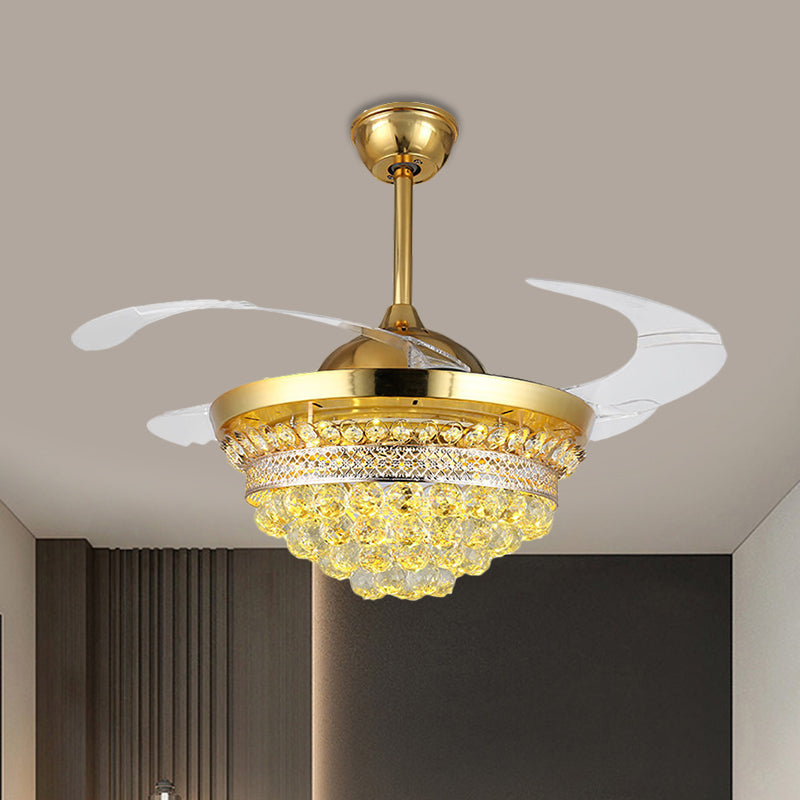 4 Blades Simple Conic Pendant Fan Lamp Crystal Ball LED Parlor Semi Flush Light Fixture in Gold, 19" Width Clearhalo 'Ceiling Fans with Lights' 'Ceiling Fans' 'Modern Ceiling Fans' 'Modern' Lighting' 1724900