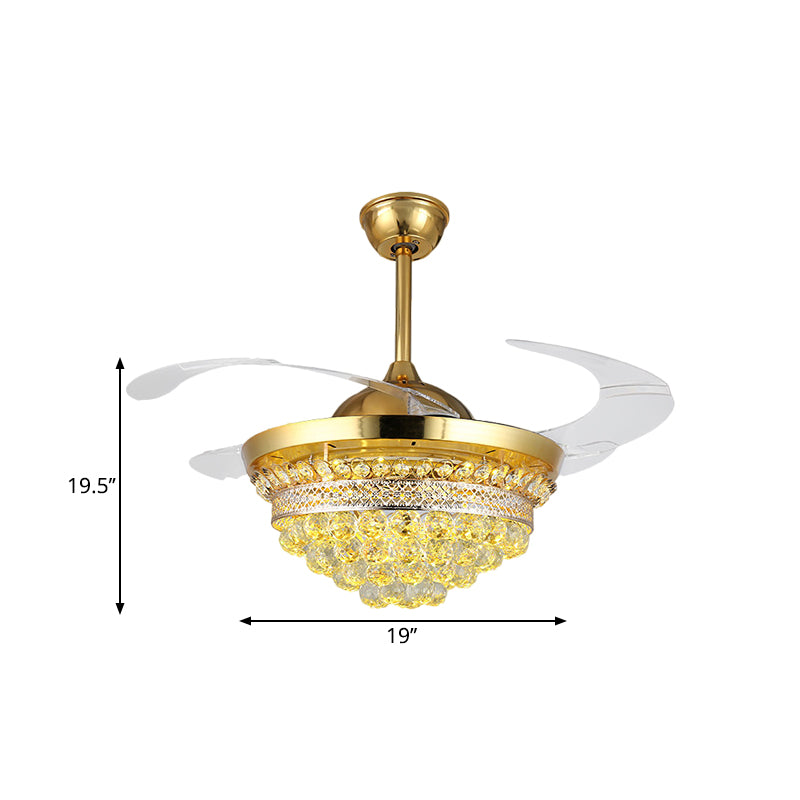 4 Blades Simple Conic Pendant Fan Lamp Crystal Ball LED Parlor Semi Flush Light Fixture in Gold, 19" Width Clearhalo 'Ceiling Fans with Lights' 'Ceiling Fans' 'Modern Ceiling Fans' 'Modern' Lighting' 1724902