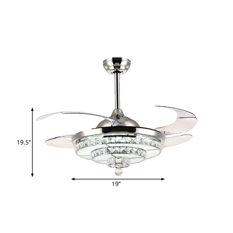 4-Blade Chrome LED Tiered Semi Flush Contemporary Crystal Block Ceiling Fan Lighting Fixture, 19" Wide Clearhalo 'Ceiling Fans with Lights' 'Ceiling Fans' 'Modern Ceiling Fans' 'Modern' Lighting' 1724919
