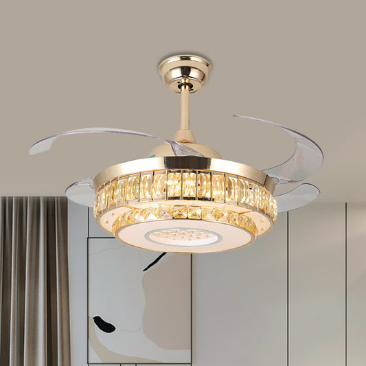 19" W LED Parlor Ceiling Fan Lamp Simplicity Gold 4-Blade Semi Flush with 2-Tier Crystal Block Shade Gold Clearhalo 'Ceiling Fans with Lights' 'Ceiling Fans' 'Modern Ceiling Fans' 'Modern' Lighting' 1724936