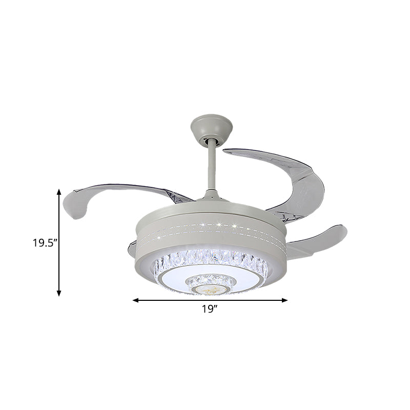 Circular Semi Flush Lighting Modern Metal 19" W LED Parlor Ceiling Fan Light Fixture in White, 4-Blade Clearhalo 'Ceiling Fans with Lights' 'Ceiling Fans' 'Modern Ceiling Fans' 'Modern' Lighting' 1724943