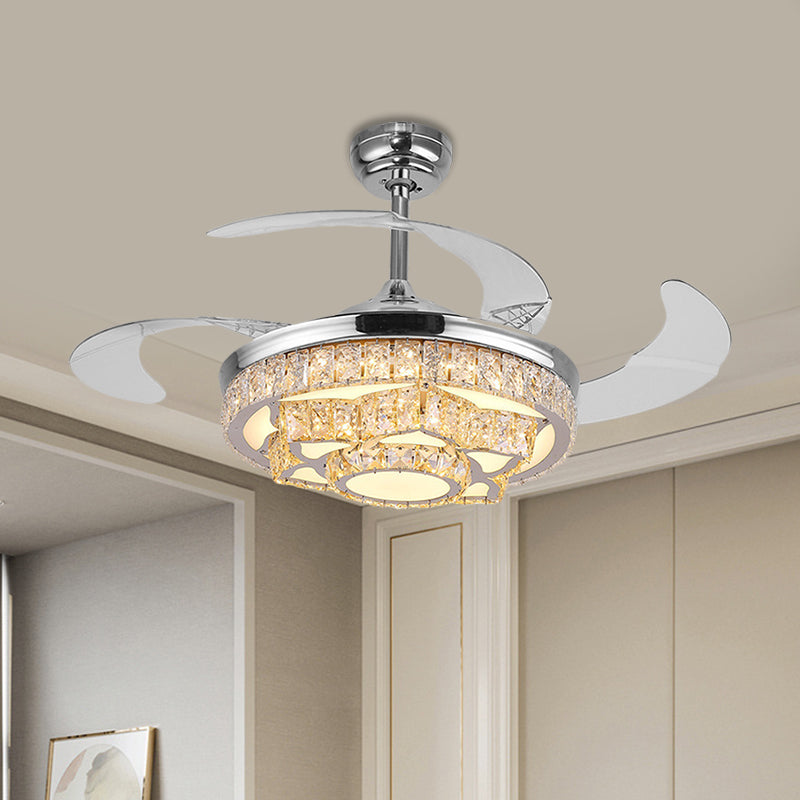 Simple Lotus Hanging Fan Lamp Crystal Block 19" Wide LED Bedroom Semi Flush Light in Gold/Chrome with 4 Blades Clearhalo 'Ceiling Fans with Lights' 'Ceiling Fans' 'Modern Ceiling Fans' 'Modern' Lighting' 1724950