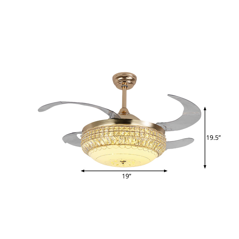 19" W Dome Living Room Hanging Fan Light Acrylic LED Minimalist Semi Flush with Crystal Deco in Gold, 4 Blades Clearhalo 'Ceiling Fans with Lights' 'Ceiling Fans' 'Modern Ceiling Fans' 'Modern' Lighting' 1724976