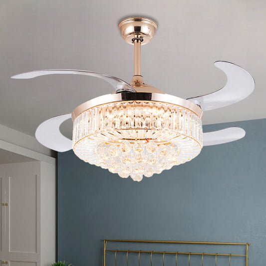 Drum Clear Crystal Semi Flush Mount Minimalist 19" Width LED Gold Pendant Fan Light with 4 Blades Clearhalo 'Ceiling Fans with Lights' 'Ceiling Fans' 'Modern Ceiling Fans' 'Modern' Lighting' 1725015