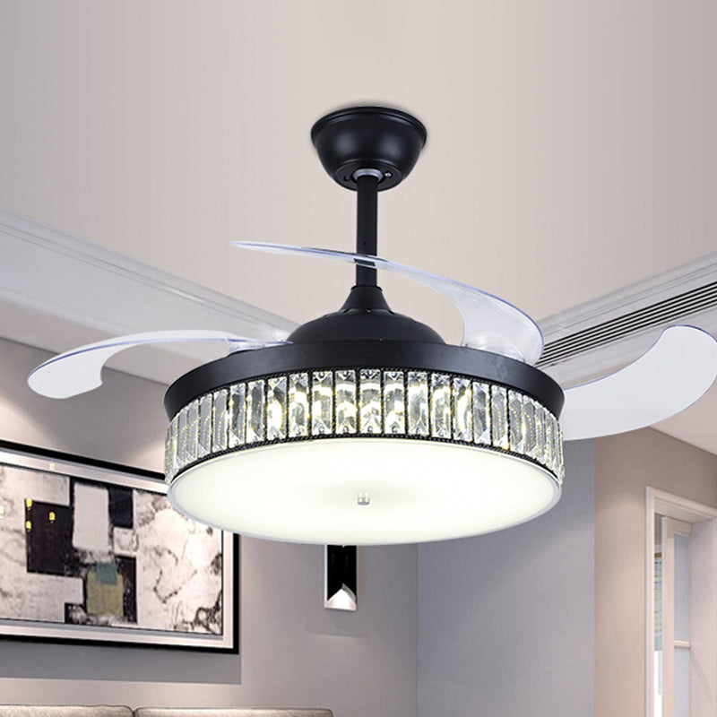 4-Blade Drum Semi Flush Mount Light Contemporary Cut Crystal 19" Width LED Black Hanging Fan Lamp Clearhalo 'Ceiling Fans with Lights' 'Ceiling Fans' 'Modern Ceiling Fans' 'Modern' Lighting' 1725093