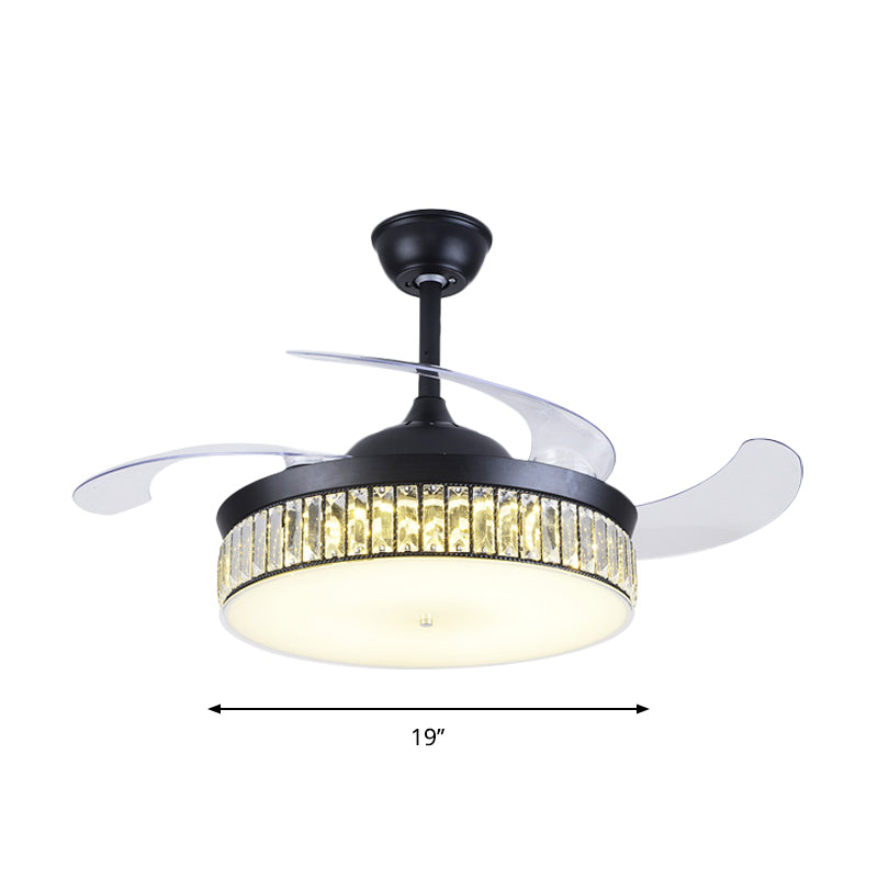 4-Blade Drum Semi Flush Mount Light Contemporary Cut Crystal 19" Width LED Black Hanging Fan Lamp Clearhalo 'Ceiling Fans with Lights' 'Ceiling Fans' 'Modern Ceiling Fans' 'Modern' Lighting' 1725095