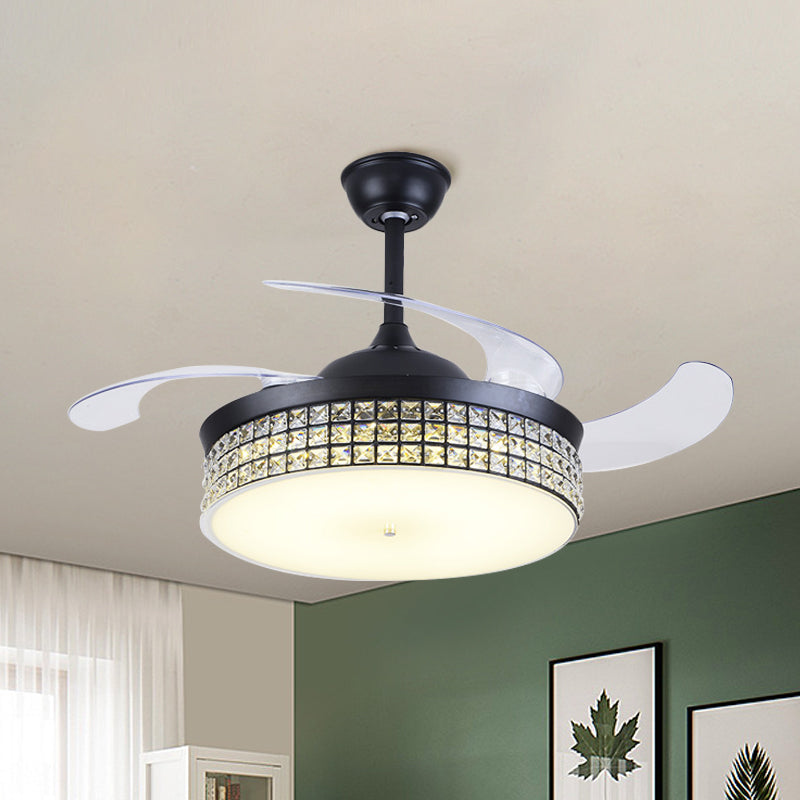 4-Blade Drum Semi Flush Mount Light Contemporary Cut Crystal 19" Width LED Black Hanging Fan Lamp Clearhalo 'Ceiling Fans with Lights' 'Ceiling Fans' 'Modern Ceiling Fans' 'Modern' Lighting' 1725097