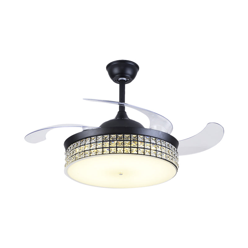 4-Blade Drum Semi Flush Mount Light Contemporary Cut Crystal 19" Width LED Black Hanging Fan Lamp Clearhalo 'Ceiling Fans with Lights' 'Ceiling Fans' 'Modern Ceiling Fans' 'Modern' Lighting' 1725099