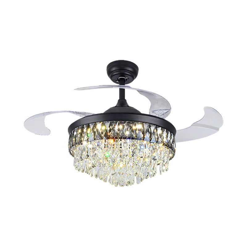 19" W Modern Tapered Semi Flush Mount Hand-Cut Crystal LED Parlor Pendant Fan Light in Black with 4 Blades Clearhalo 'Ceiling Fans with Lights' 'Ceiling Fans' 'Modern Ceiling Fans' 'Modern' Lighting' 1725116