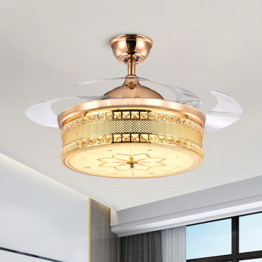 Faceted Crystal Drum Semi Flush Simplicity 19" Wide LED Hanging Fan Light in Gold with 3 Blades Gold Clearhalo 'Ceiling Fans with Lights' 'Ceiling Fans' 'Modern Ceiling Fans' 'Modern' Lighting' 1725131