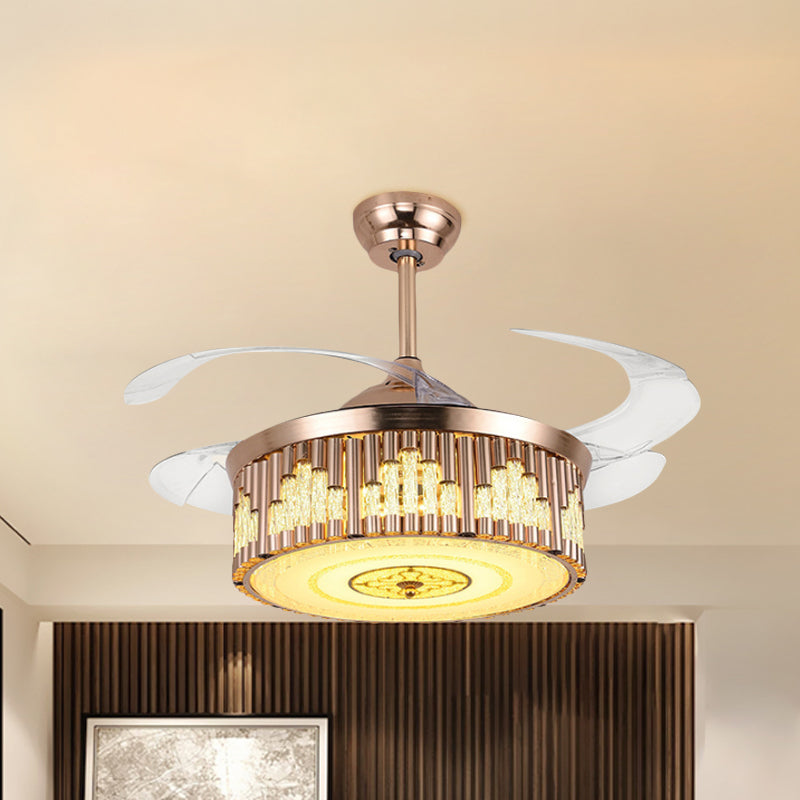 19" W Drum Parlor Pendant Fan Light Faceted Crystal LED Modernism Semi Flush Lighting in Gold, 4-Blade Gold Clearhalo 'Ceiling Fans with Lights' 'Ceiling Fans' 'Modern Ceiling Fans' 'Modern' Lighting' 1725139