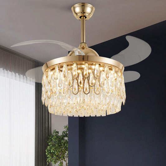 Tiered Crystal Ceiling Fan Light Modern 19" W LED Gold Semi Flush Mount with 4 Blades for Living Room Gold Clearhalo 'Ceiling Fans with Lights' 'Ceiling Fans' 'Modern Ceiling Fans' 'Modern' Lighting' 1725242