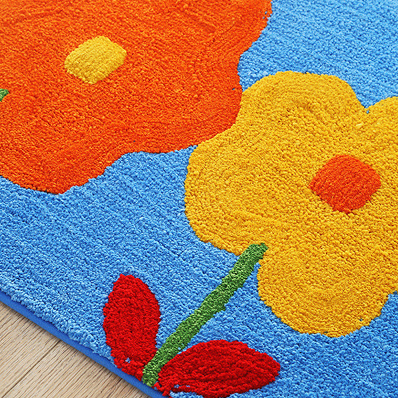 Blue and Orange Kids Rug Polyester Leaf and Flower Pattern Rug Pet Friendly Washable Anti-Slip Backing Carpet for Decoration Clearhalo 'Area Rug' 'Rug' 1725827