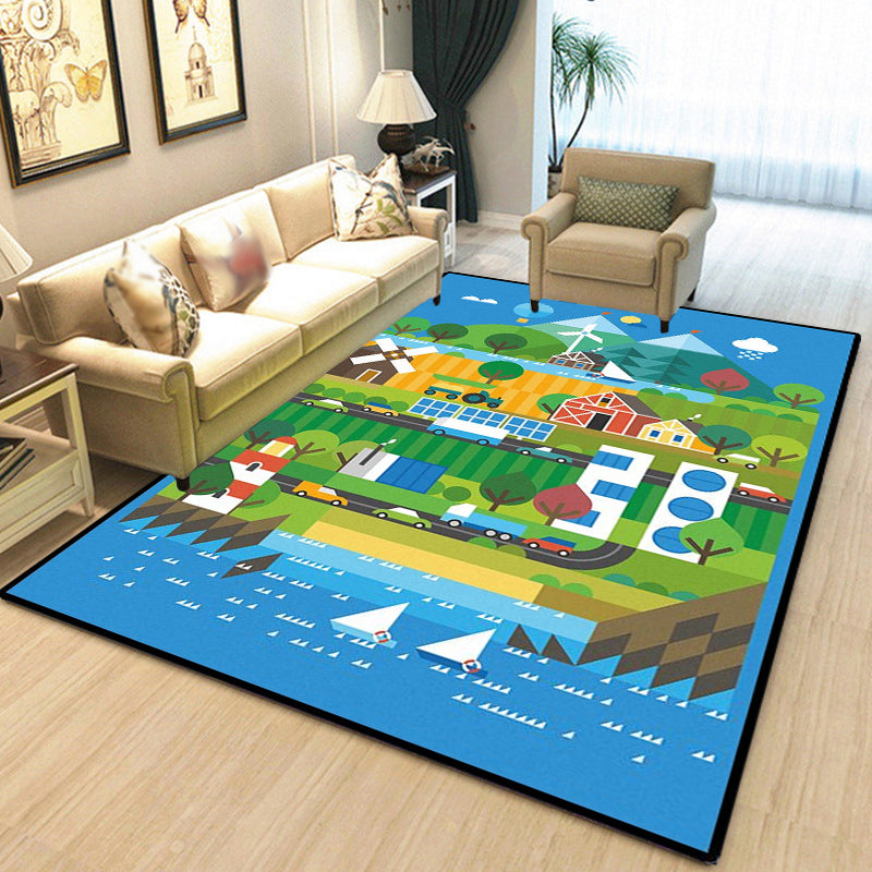 Unique Building Pattern Rug Blue Kids Rug Polyester Washable Pet Friendly Anti-Slip Carpet for Children's Room Clearhalo 'Area Rug' 'Rug' 1725946