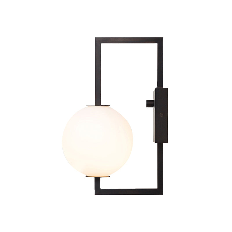 Black Rectangular Frame Wall Sconce Modern Style 1 Bulb Metal Wall Lighting with White Glass Orb Shade Clearhalo 'Cast Iron' 'Glass' 'Industrial' 'Modern wall lights' 'Modern' 'Tiffany' 'Traditional wall lights' 'Wall Lamps & Sconces' 'Wall Lights' Lighting' 172643