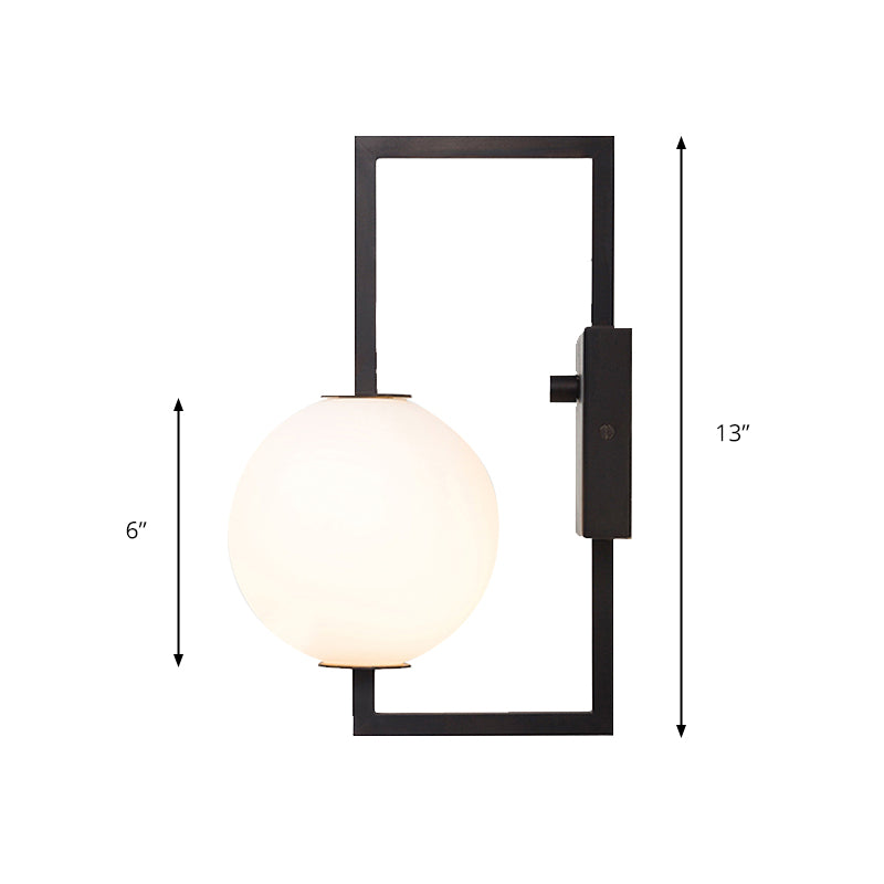 Black Rectangular Frame Wall Sconce Modern Style 1 Bulb Metal Wall Lighting with White Glass Orb Shade Clearhalo 'Cast Iron' 'Glass' 'Industrial' 'Modern wall lights' 'Modern' 'Tiffany' 'Traditional wall lights' 'Wall Lamps & Sconces' 'Wall Lights' Lighting' 172644